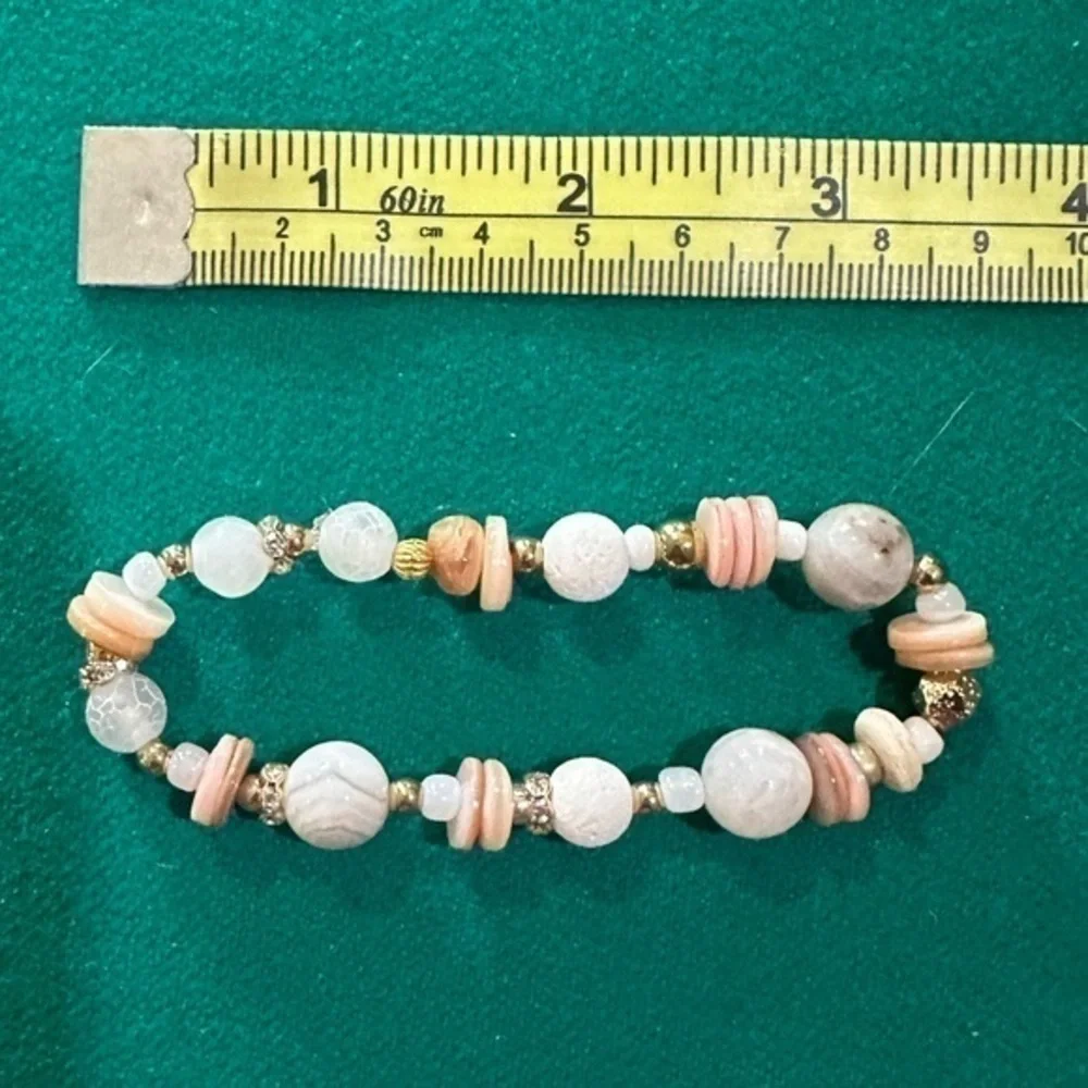 Beaded Stretch Bracelet Coral White Gold Tone
